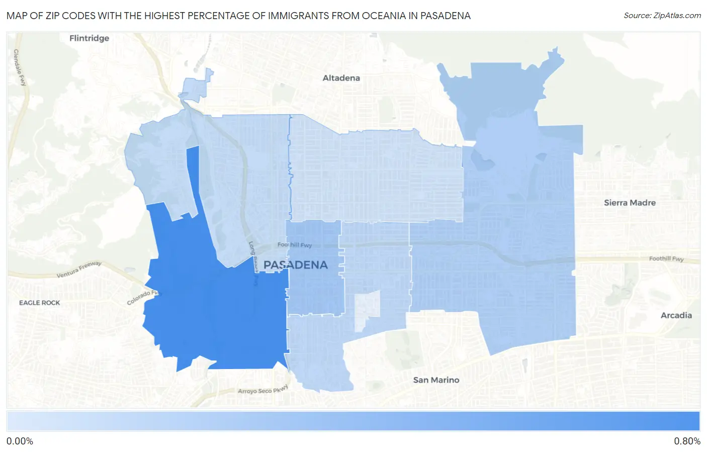 Zip Codes with the Highest Percentage of Immigrants from Oceania in Pasadena Map
