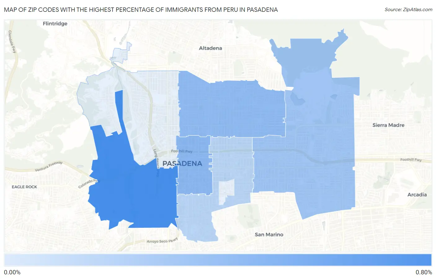 Zip Codes with the Highest Percentage of Immigrants from Peru in Pasadena Map