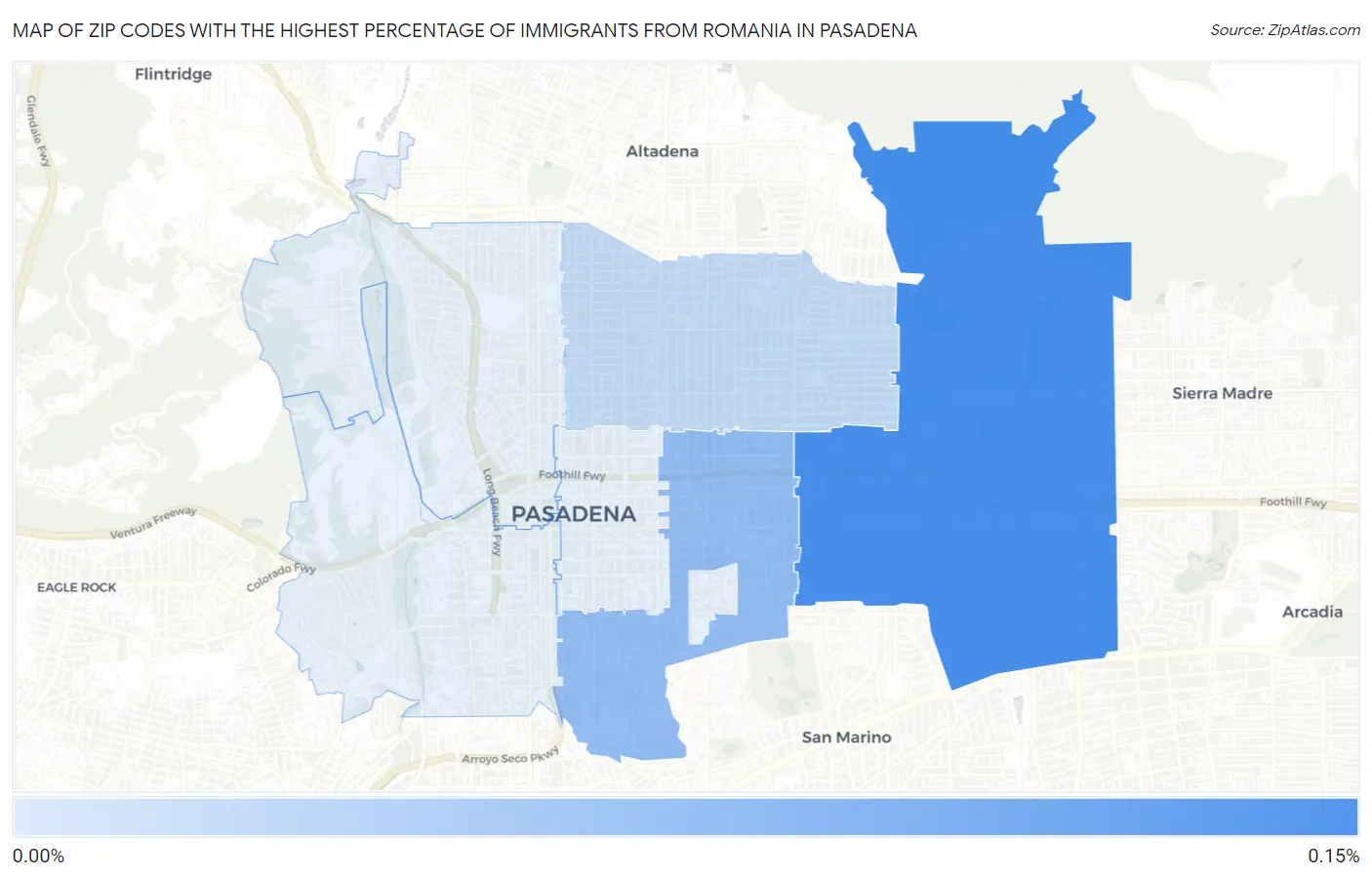 Zip Codes with the Highest Percentage of Immigrants from Romania in Pasadena Map
