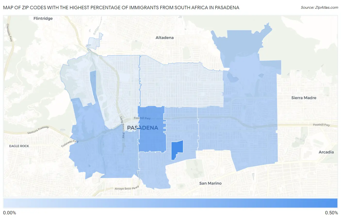 Zip Codes with the Highest Percentage of Immigrants from South Africa in Pasadena Map