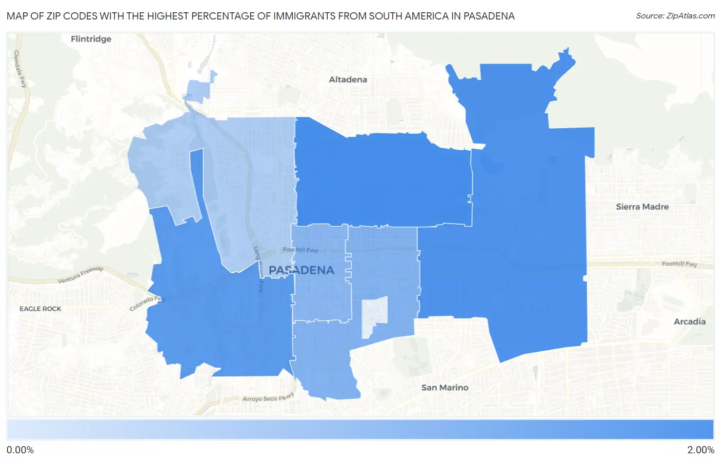 Zip Codes with the Highest Percentage of Immigrants from South America in Pasadena Map