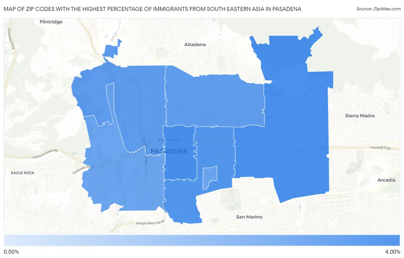Zip Codes with the Highest Percentage of Immigrants from South Eastern Asia in Pasadena Map