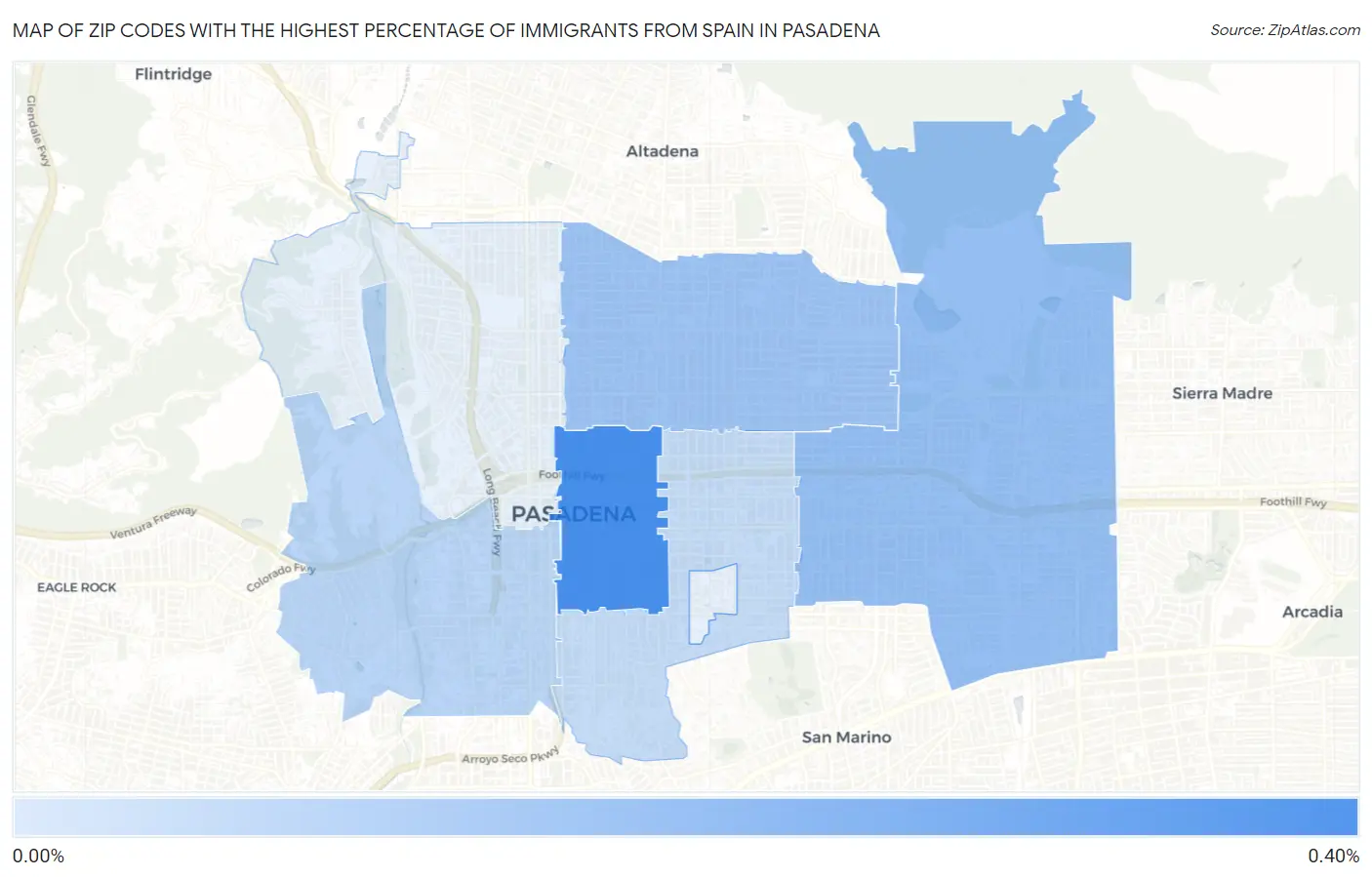 Zip Codes with the Highest Percentage of Immigrants from Spain in Pasadena Map