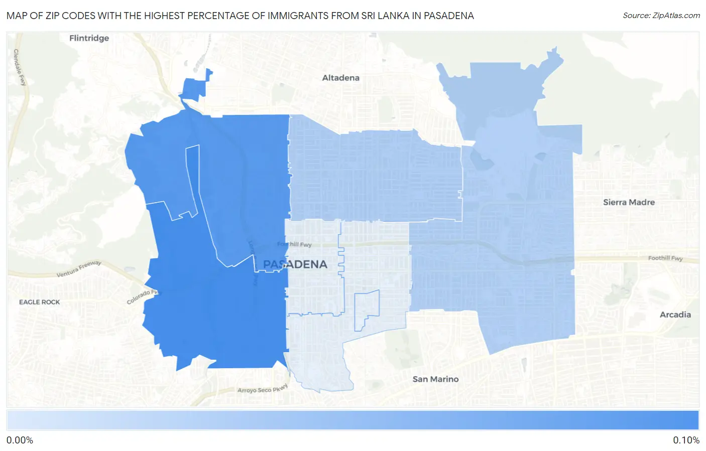 Zip Codes with the Highest Percentage of Immigrants from Sri Lanka in Pasadena Map