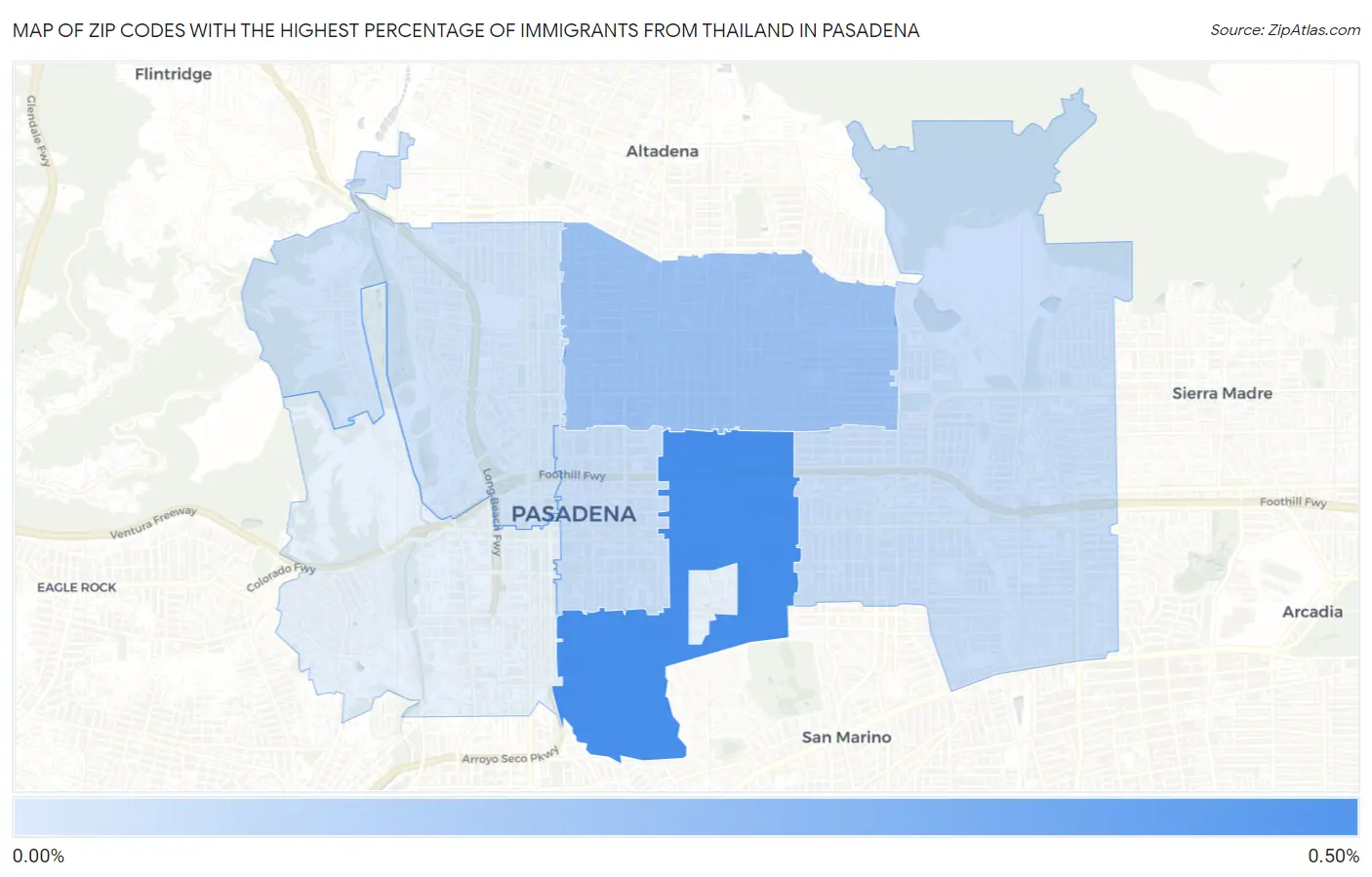 Zip Codes with the Highest Percentage of Immigrants from Thailand in Pasadena Map