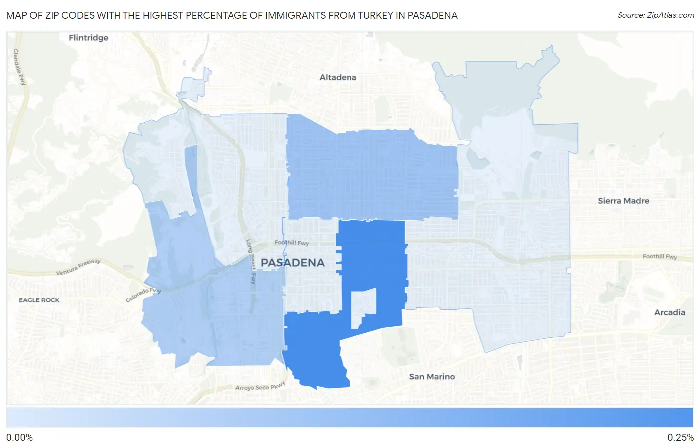 Zip Codes with the Highest Percentage of Immigrants from Turkey in Pasadena Map