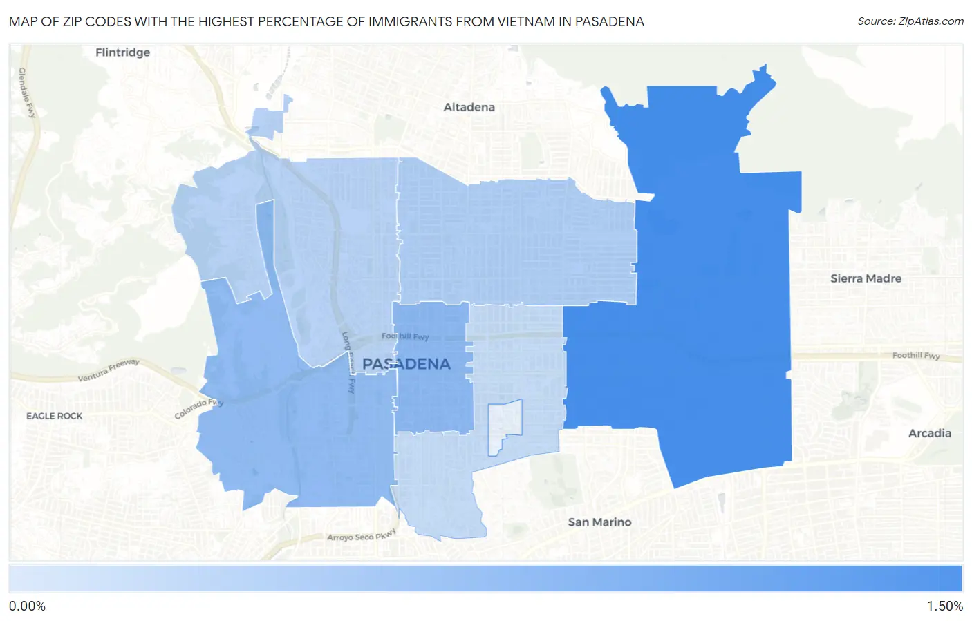 Zip Codes with the Highest Percentage of Immigrants from Vietnam in Pasadena Map