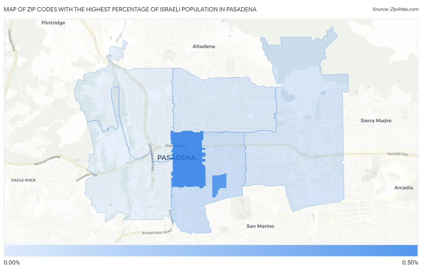 Zip Codes with the Highest Percentage of Israeli Population in Pasadena Map