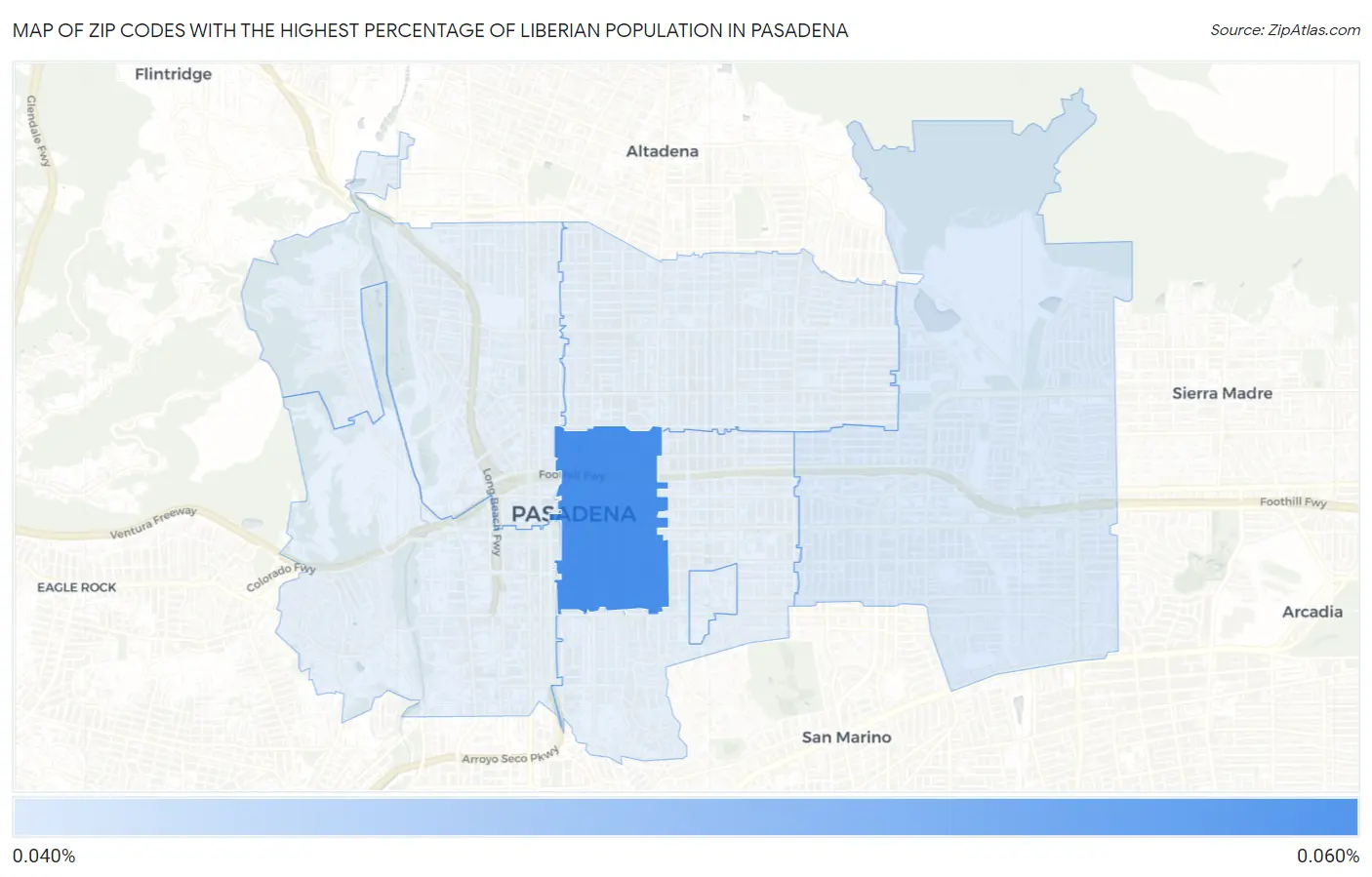 Zip Codes with the Highest Percentage of Liberian Population in Pasadena Map