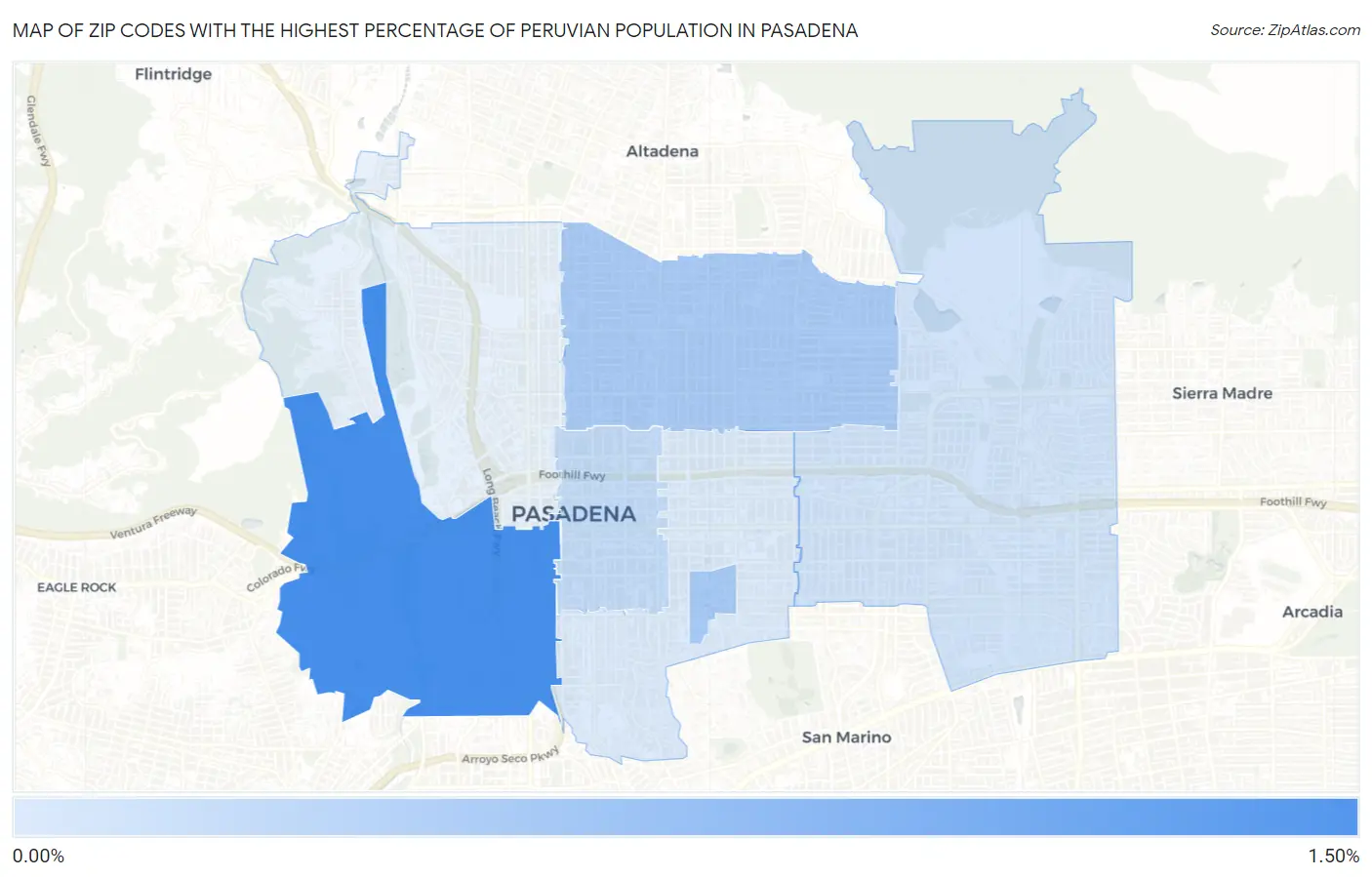 Zip Codes with the Highest Percentage of Peruvian Population in Pasadena Map