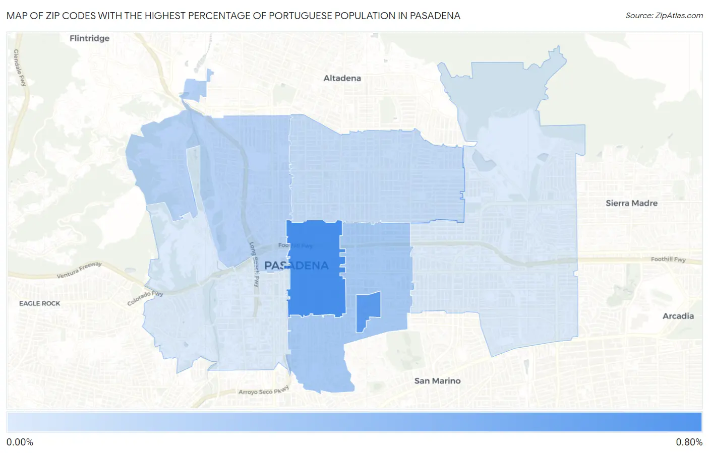 Zip Codes with the Highest Percentage of Portuguese Population in Pasadena Map