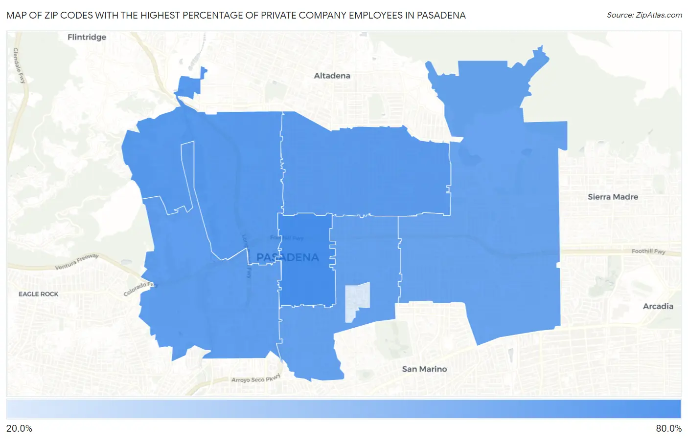 Zip Codes with the Highest Percentage of Private Company Employees in Pasadena Map