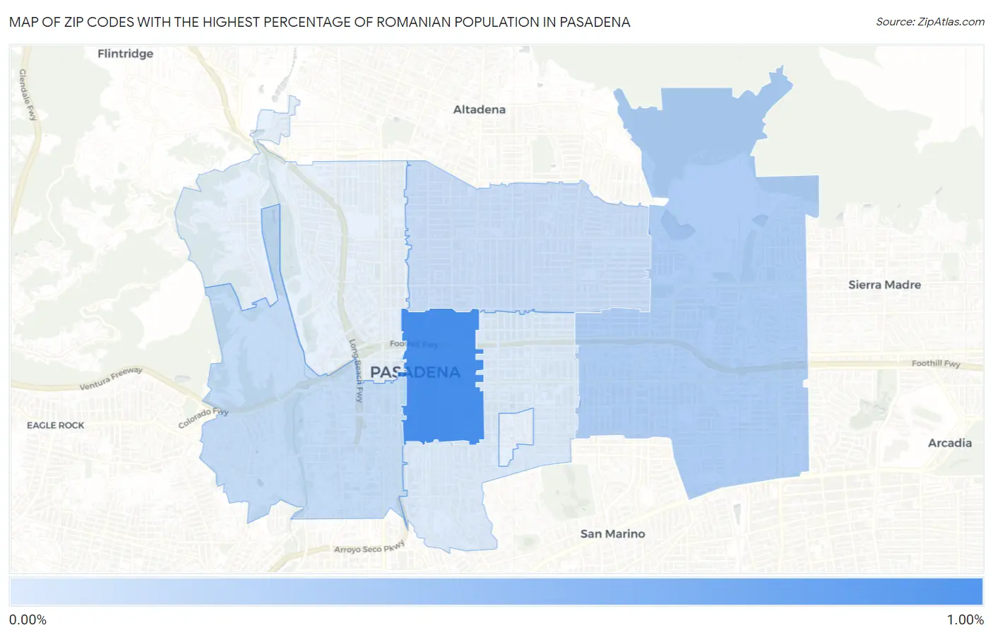 Zip Codes with the Highest Percentage of Romanian Population in Pasadena Map