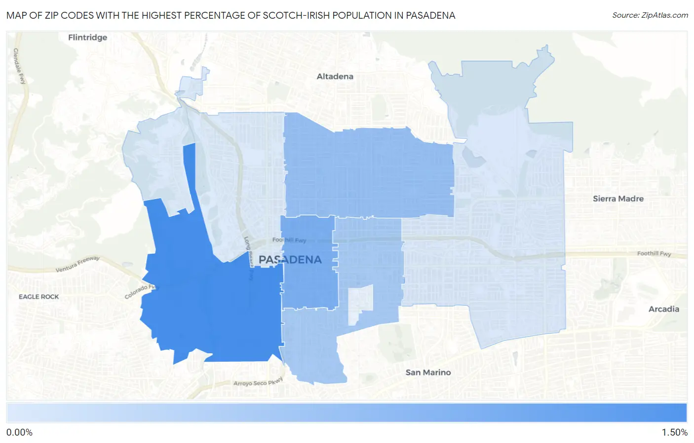 Zip Codes with the Highest Percentage of Scotch-Irish Population in Pasadena Map