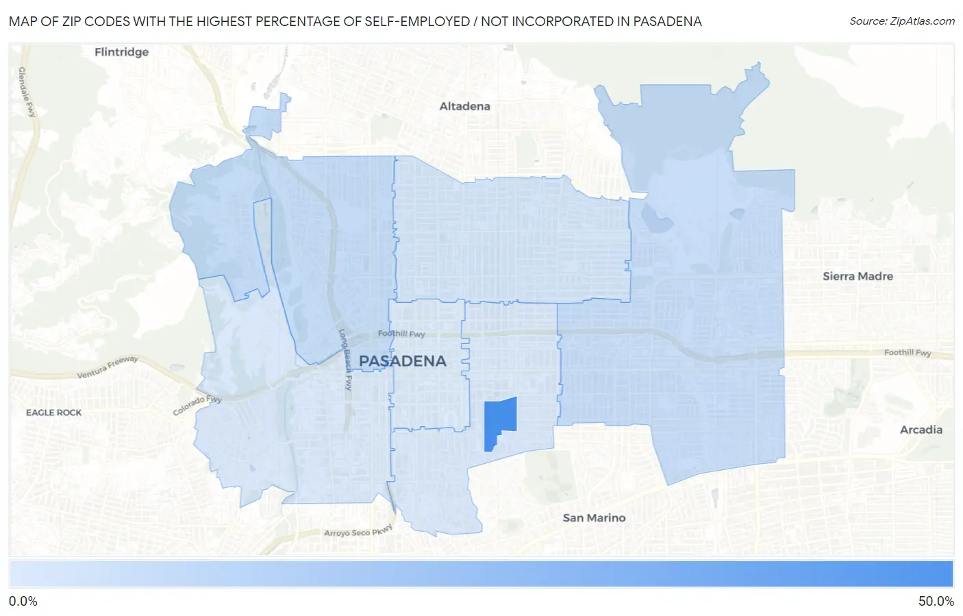 Zip Codes with the Highest Percentage of Self-Employed / Not Incorporated in Pasadena Map