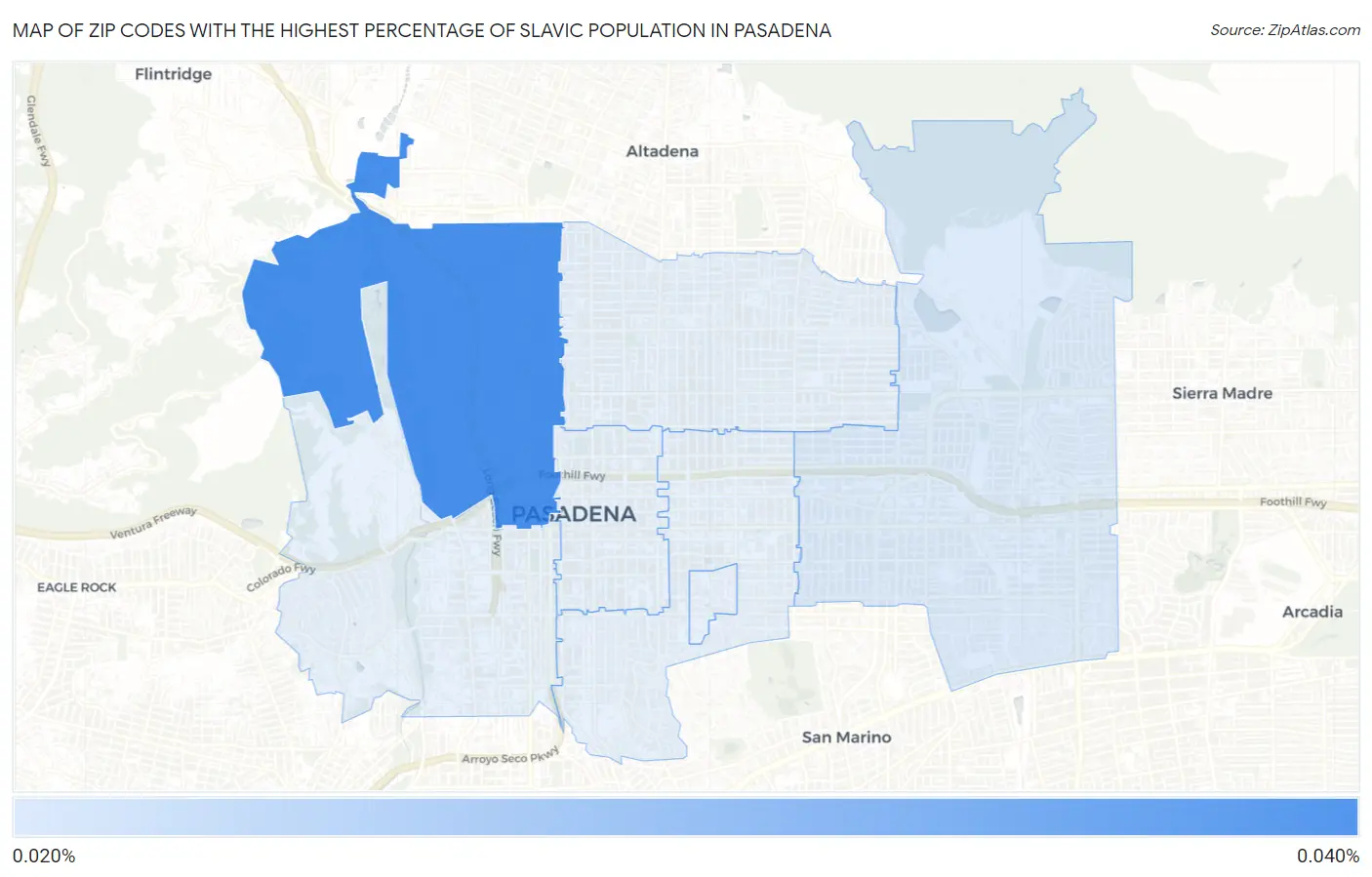 Zip Codes with the Highest Percentage of Slavic Population in Pasadena Map