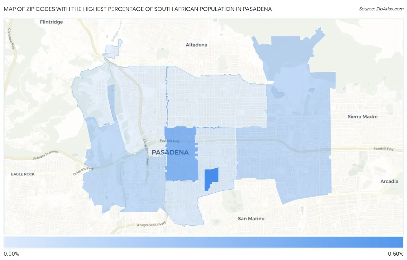 Zip Codes with the Highest Percentage of South African Population in Pasadena Map