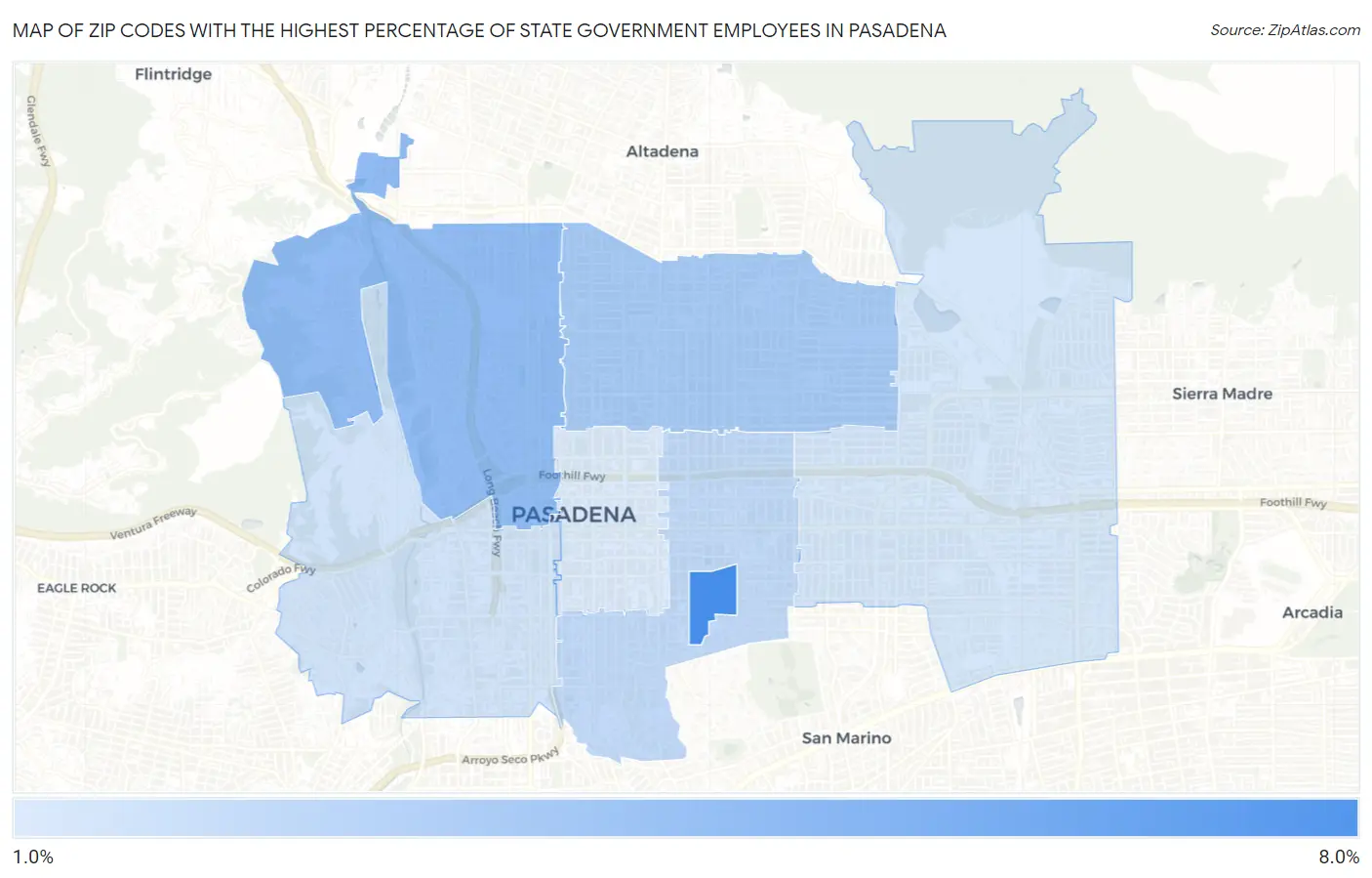 Zip Codes with the Highest Percentage of State Government Employees in Pasadena Map