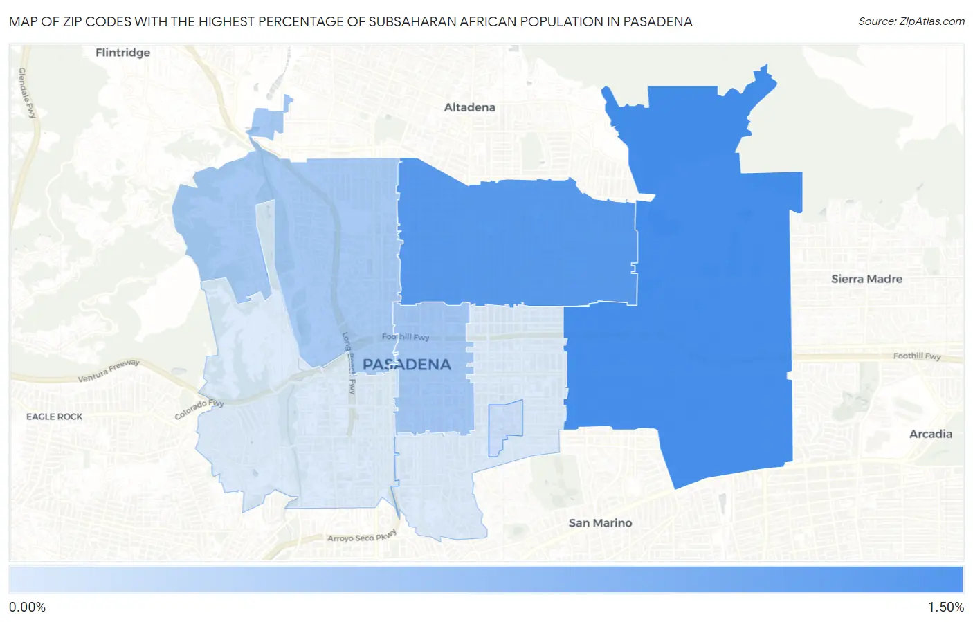 Zip Codes with the Highest Percentage of Subsaharan African Population in Pasadena Map