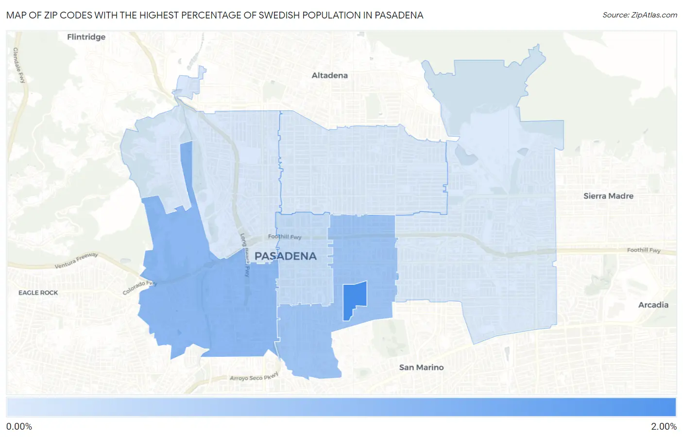 Zip Codes with the Highest Percentage of Swedish Population in Pasadena Map