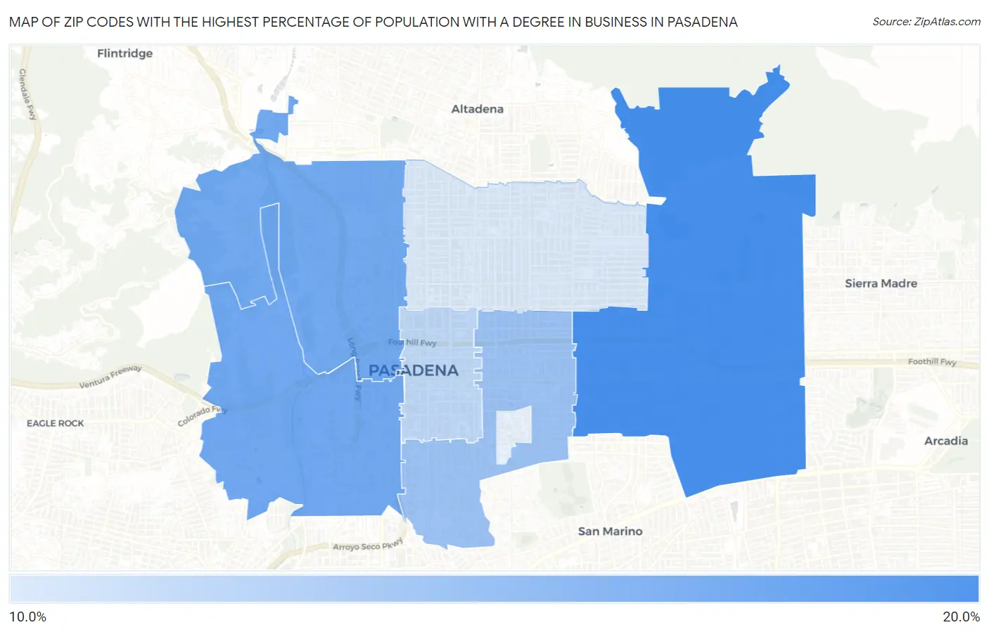 Zip Codes with the Highest Percentage of Population with a Degree in Business in Pasadena Map