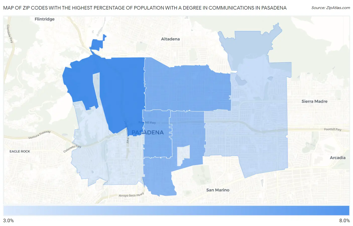 Zip Codes with the Highest Percentage of Population with a Degree in Communications in Pasadena Map