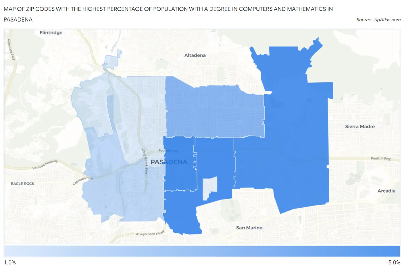 Zip Codes with the Highest Percentage of Population with a Degree in Computers and Mathematics in Pasadena Map