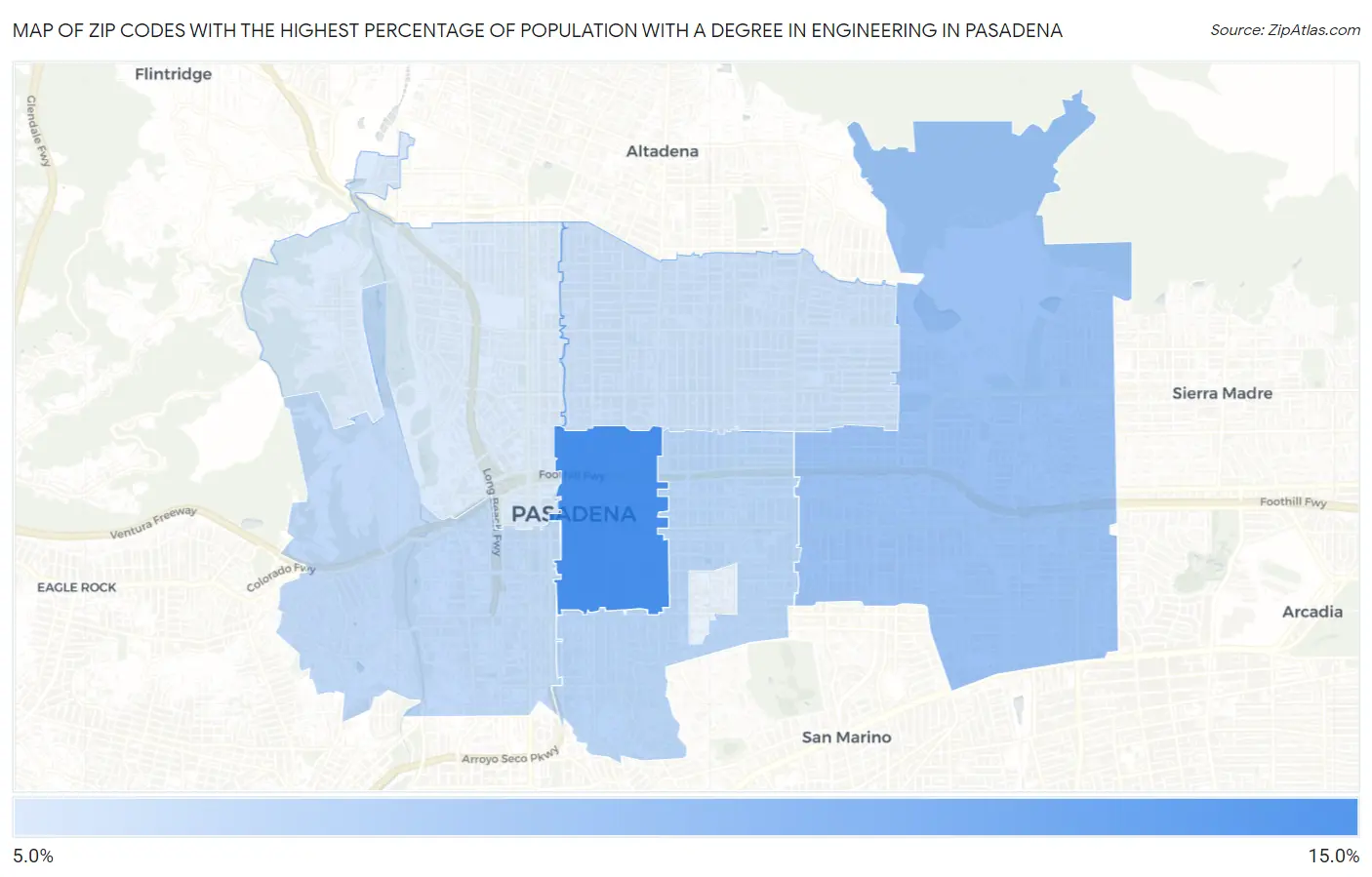 Zip Codes with the Highest Percentage of Population with a Degree in Engineering in Pasadena Map