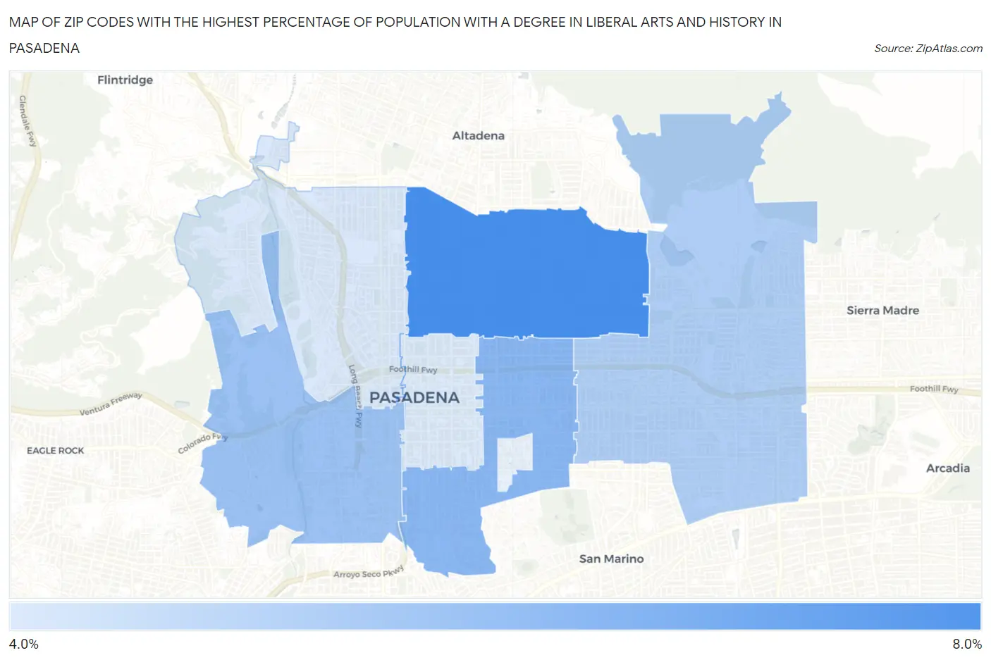 Zip Codes with the Highest Percentage of Population with a Degree in Liberal Arts and History in Pasadena Map