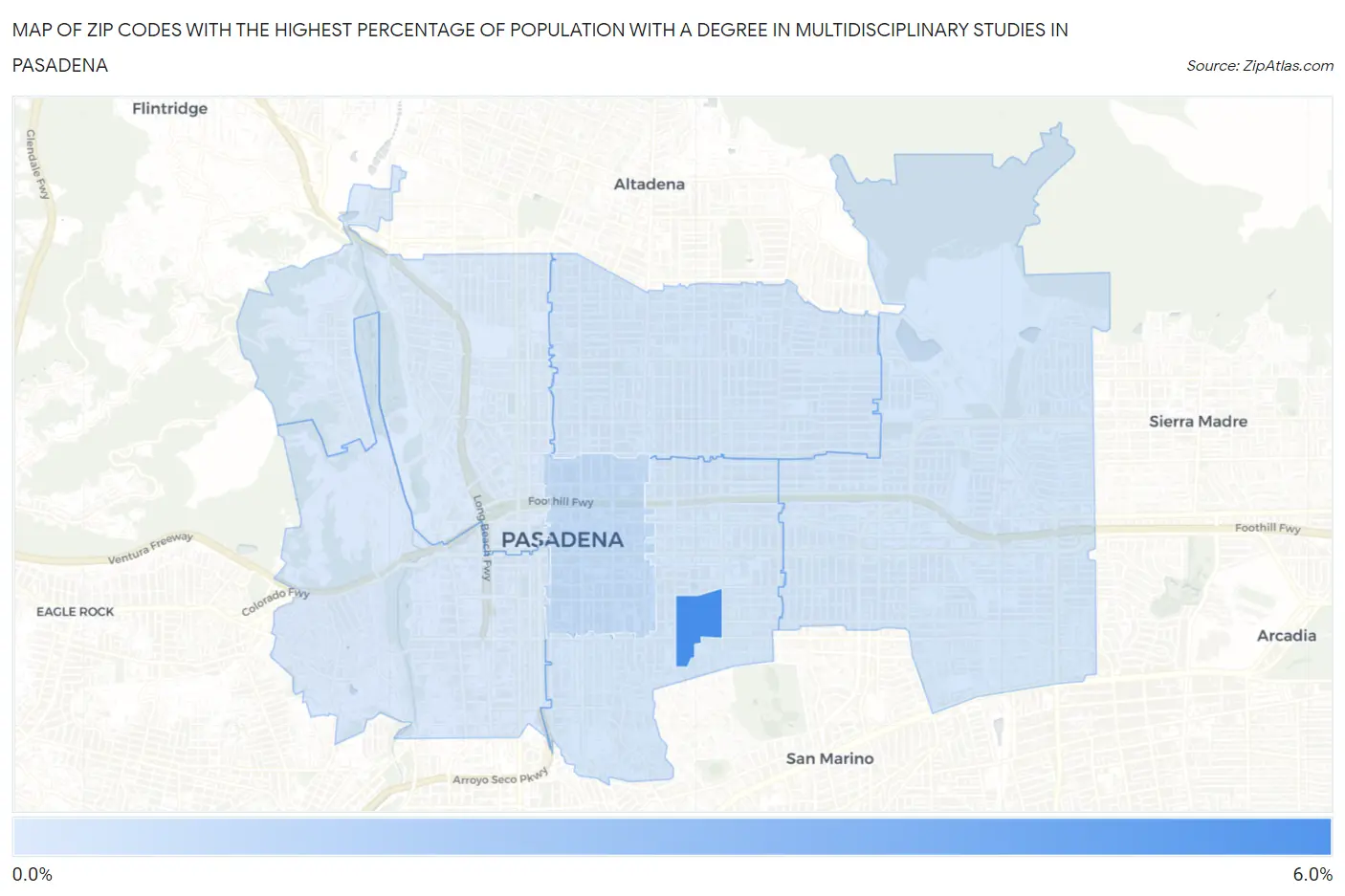 Zip Codes with the Highest Percentage of Population with a Degree in Multidisciplinary Studies in Pasadena Map