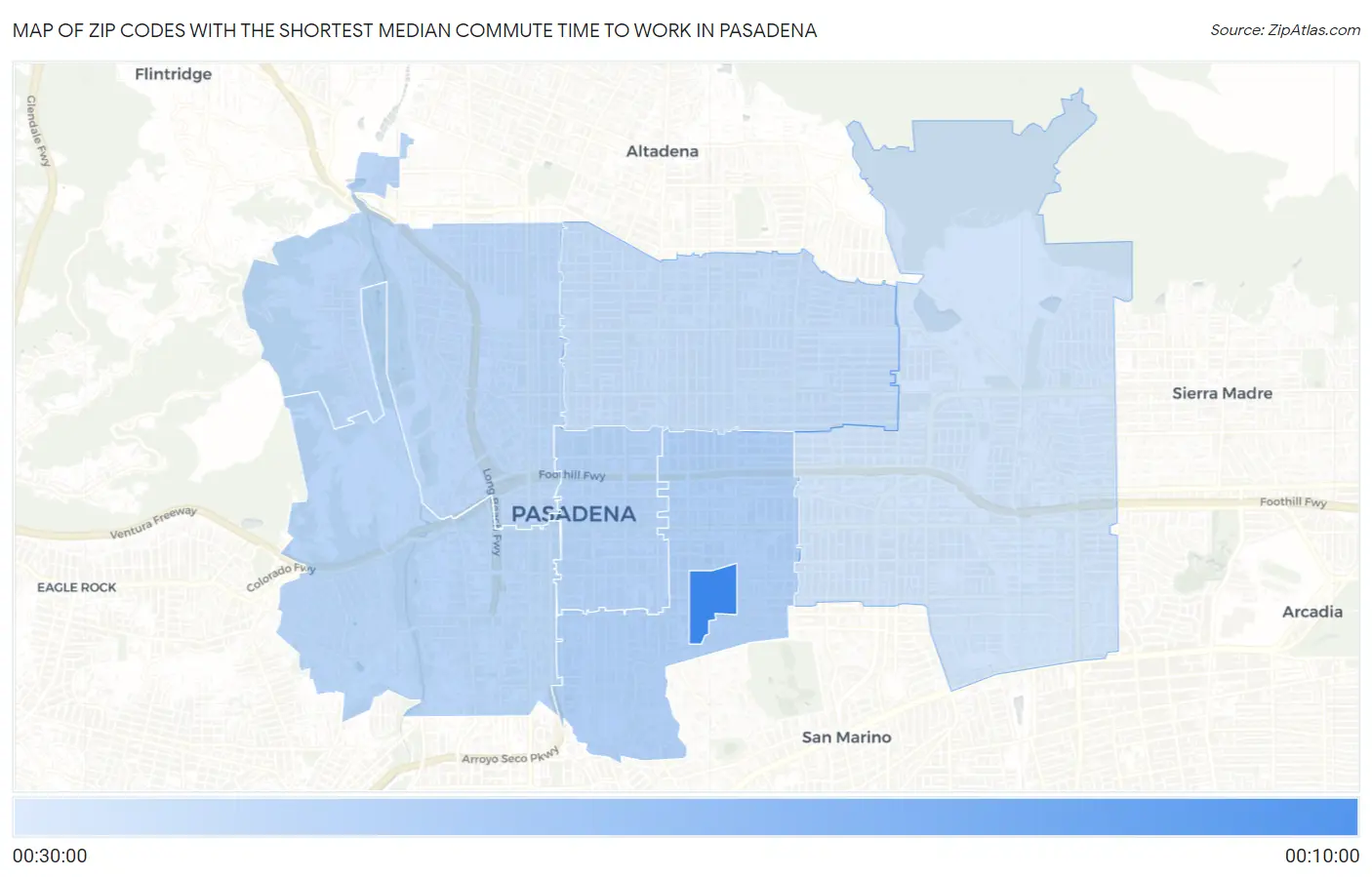 Zip Codes with the Shortest Median Commute Time to Work in Pasadena Map