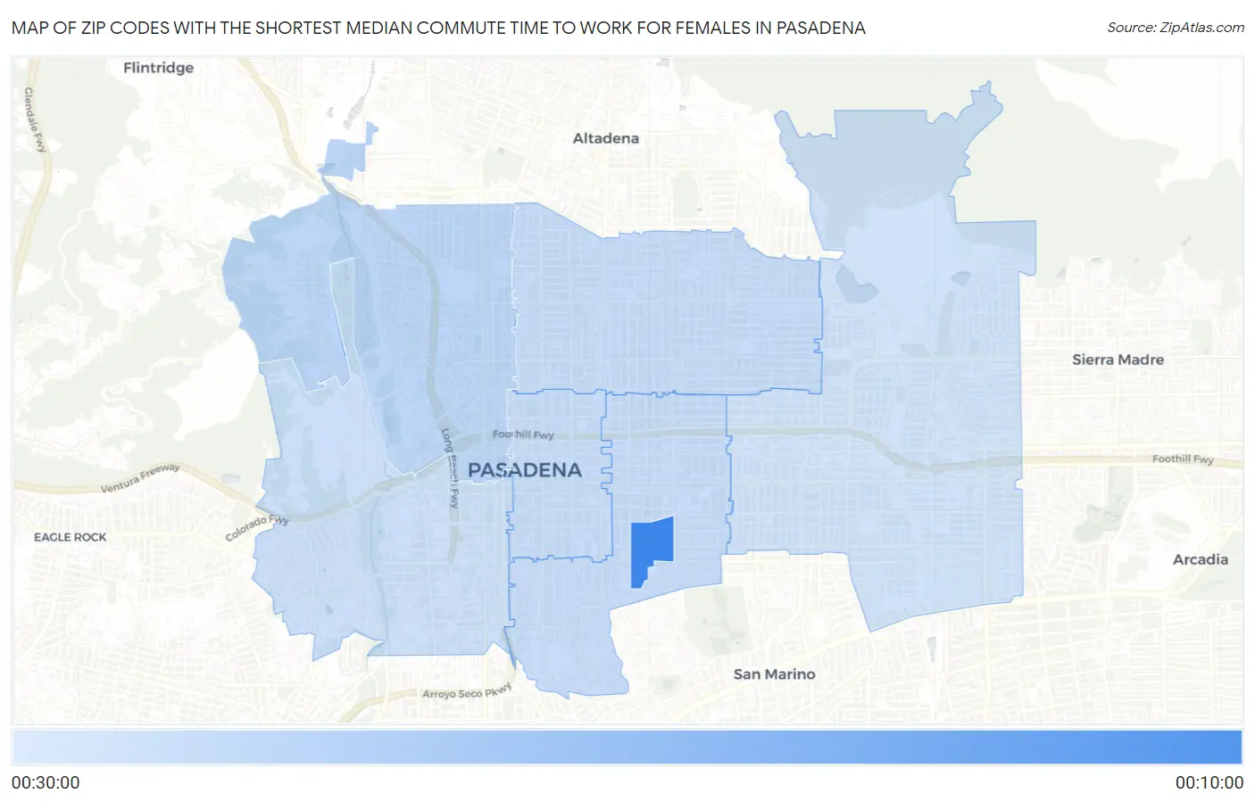 Zip Codes with the Shortest Median Commute Time to Work for Females in Pasadena Map