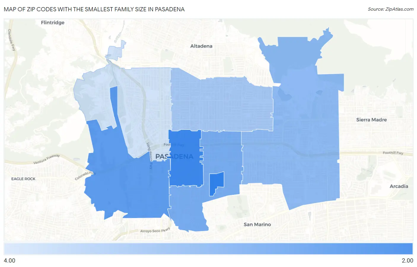 Zip Codes with the Smallest Family Size in Pasadena Map