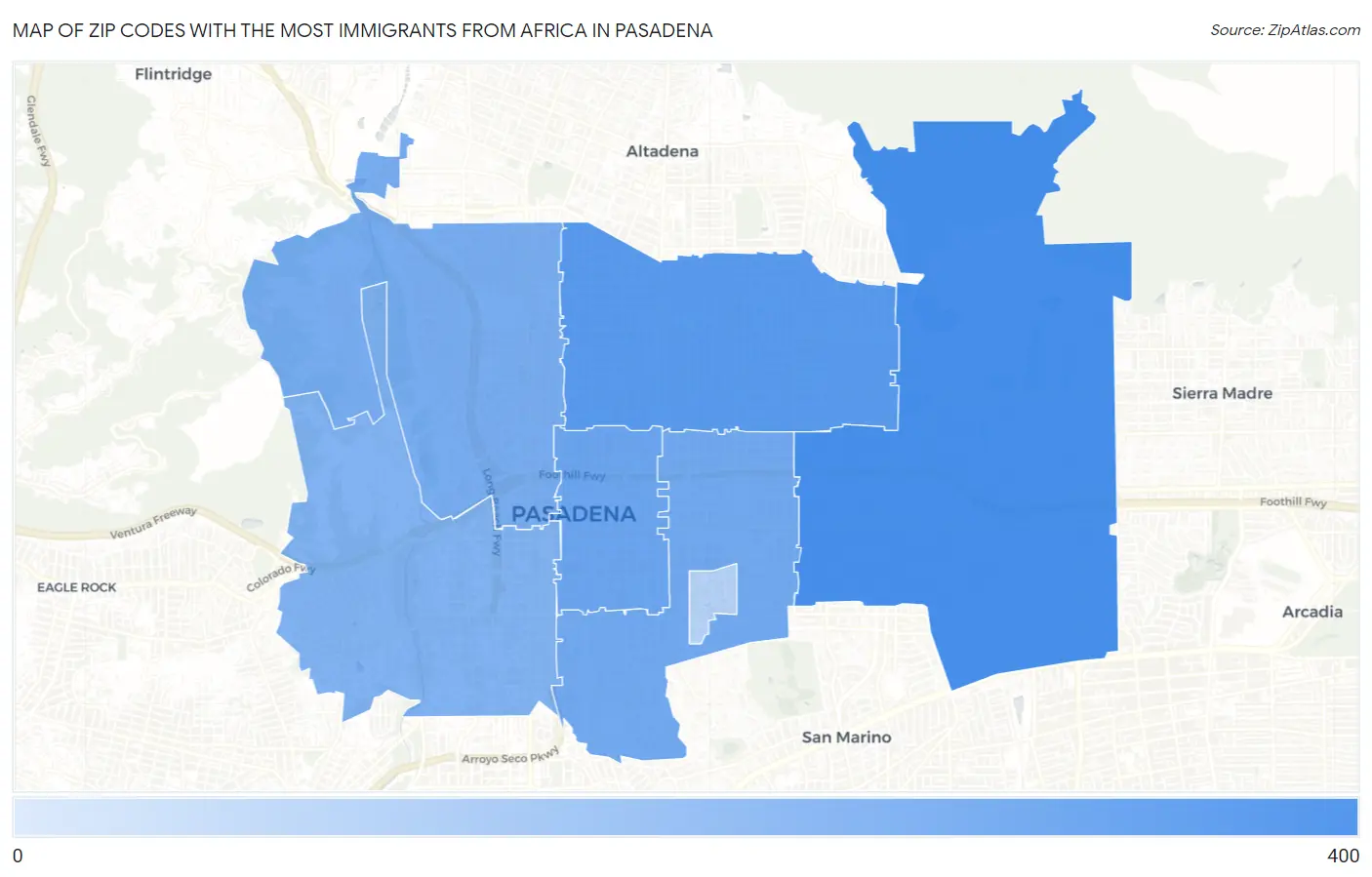 Zip Codes with the Most Immigrants from Africa in Pasadena Map