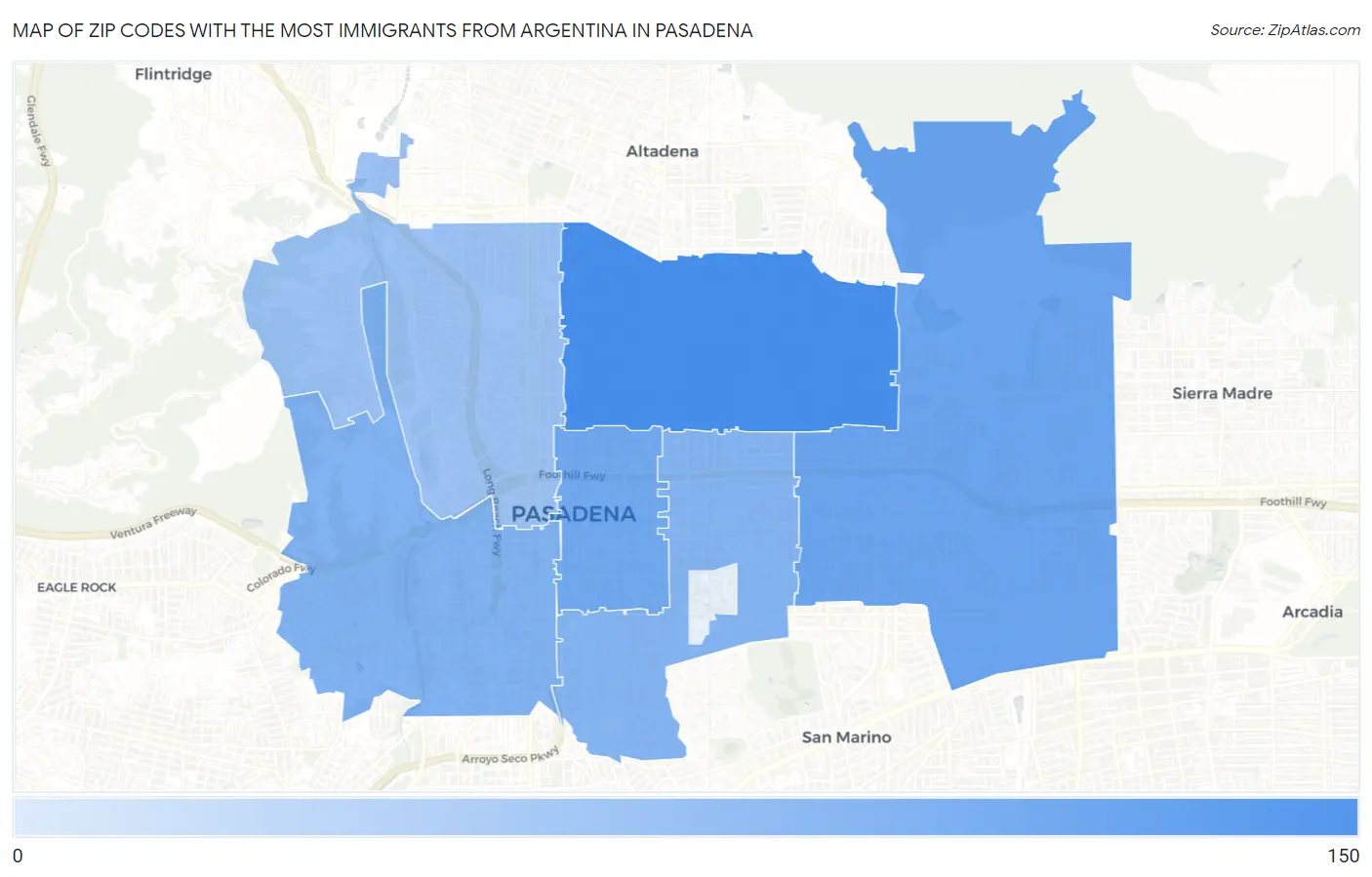 Zip Codes with the Most Immigrants from Argentina in Pasadena Map