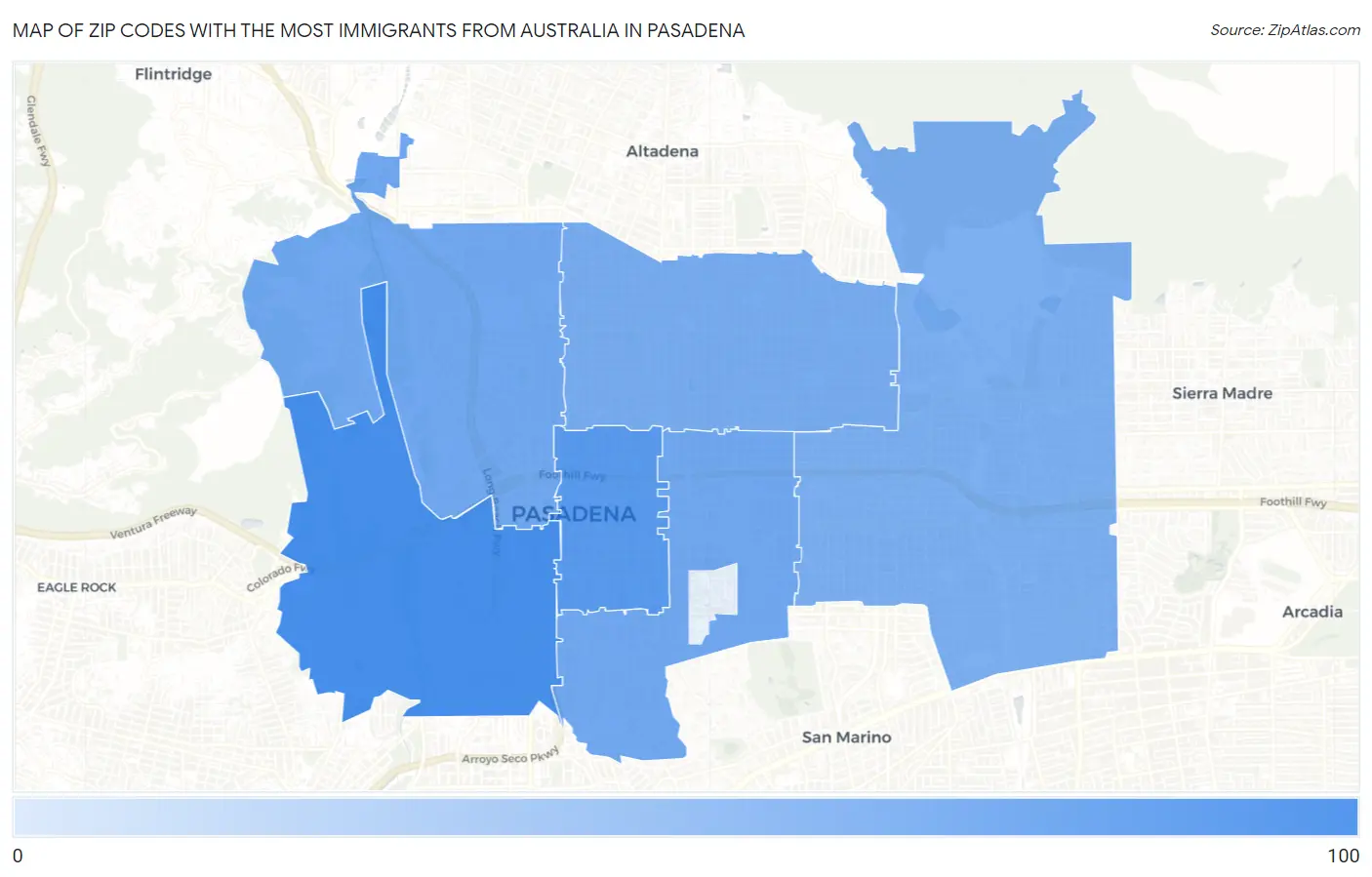 Zip Codes with the Most Immigrants from Australia in Pasadena Map