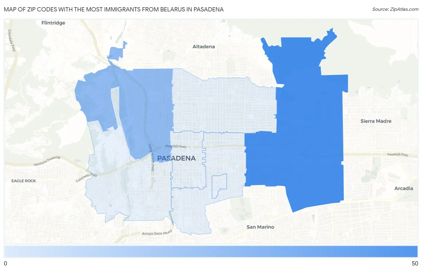 Zip Codes with the Most Immigrants from Belarus in Pasadena Map