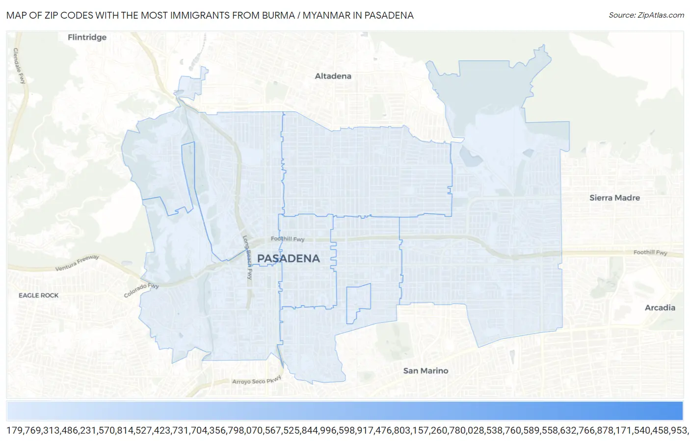 Zip Codes with the Most Immigrants from Burma / Myanmar in Pasadena Map