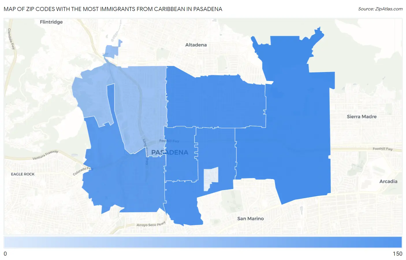 Zip Codes with the Most Immigrants from Caribbean in Pasadena Map