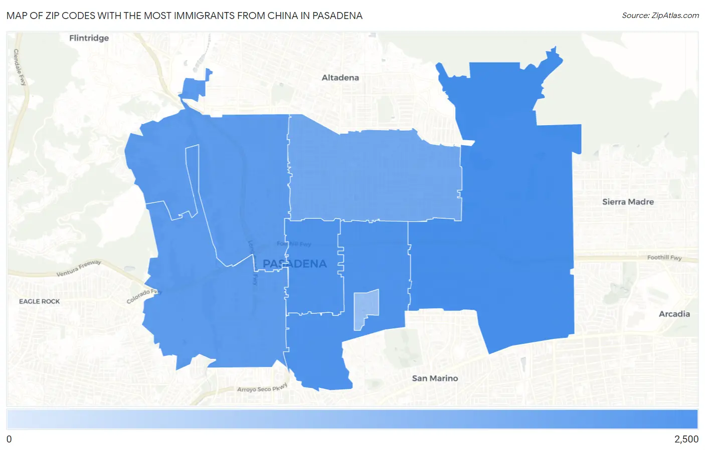 Zip Codes with the Most Immigrants from China in Pasadena Map