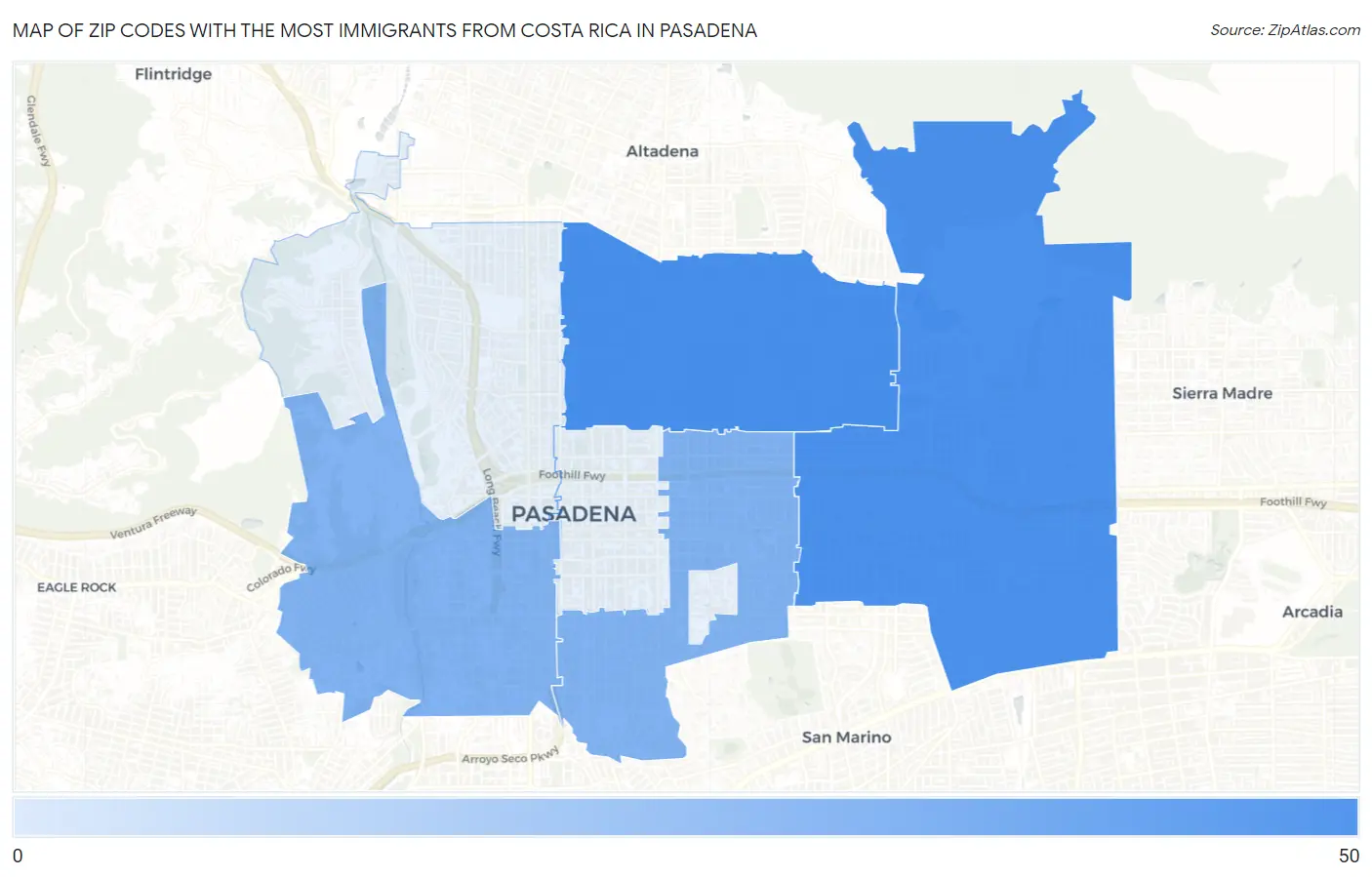 Zip Codes with the Most Immigrants from Costa Rica in Pasadena Map