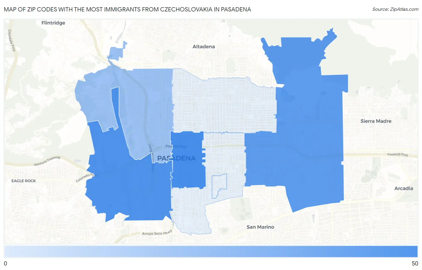 Zip Codes with the Most Immigrants from Czechoslovakia in Pasadena Map