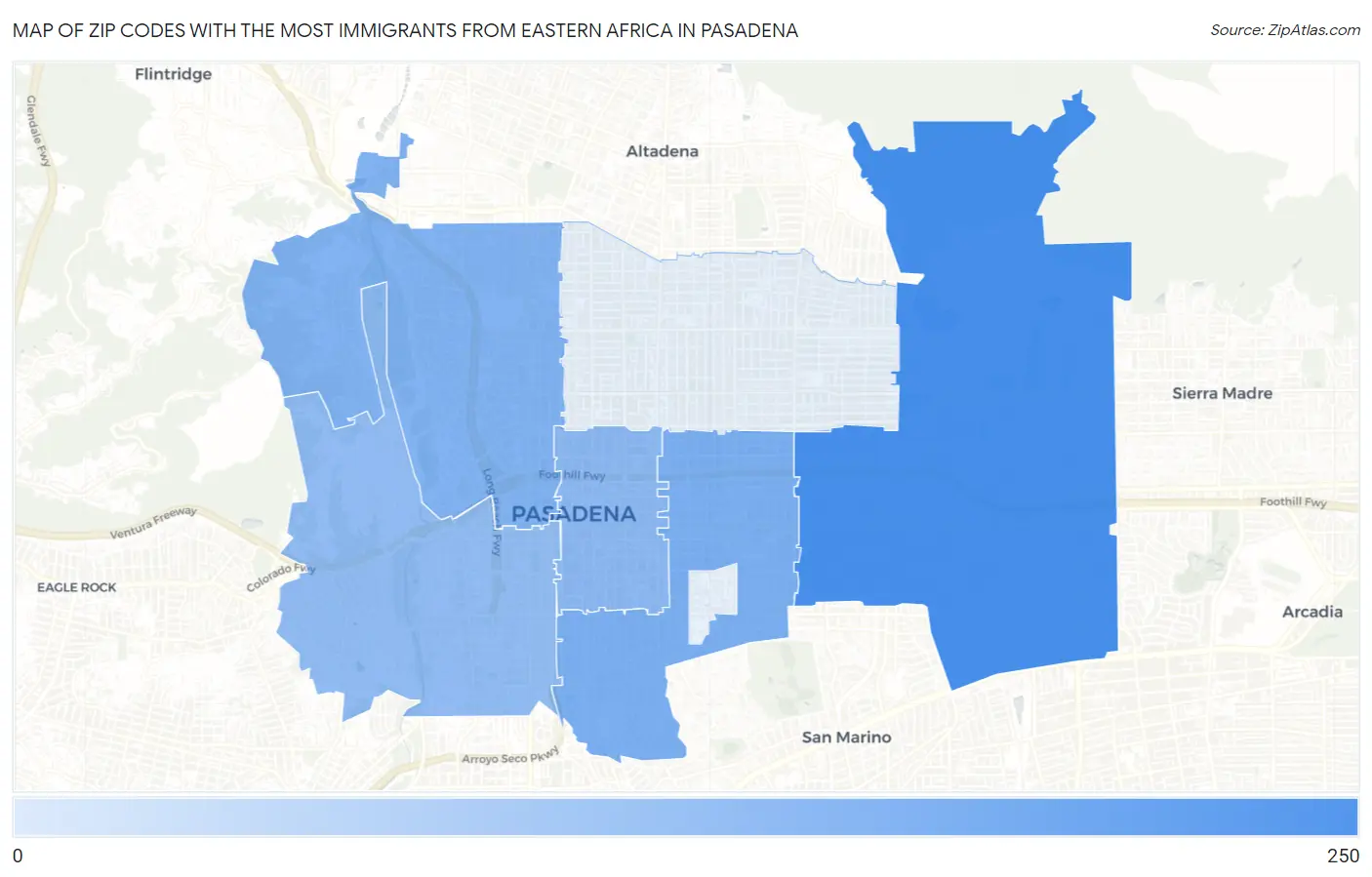 Zip Codes with the Most Immigrants from Eastern Africa in Pasadena Map