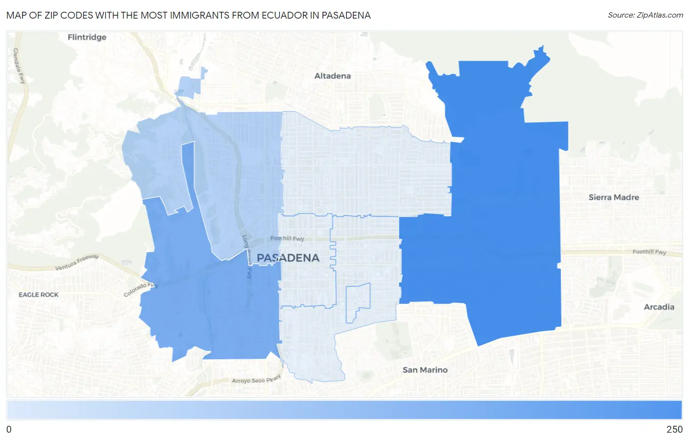 Zip Codes with the Most Immigrants from Ecuador in Pasadena Map