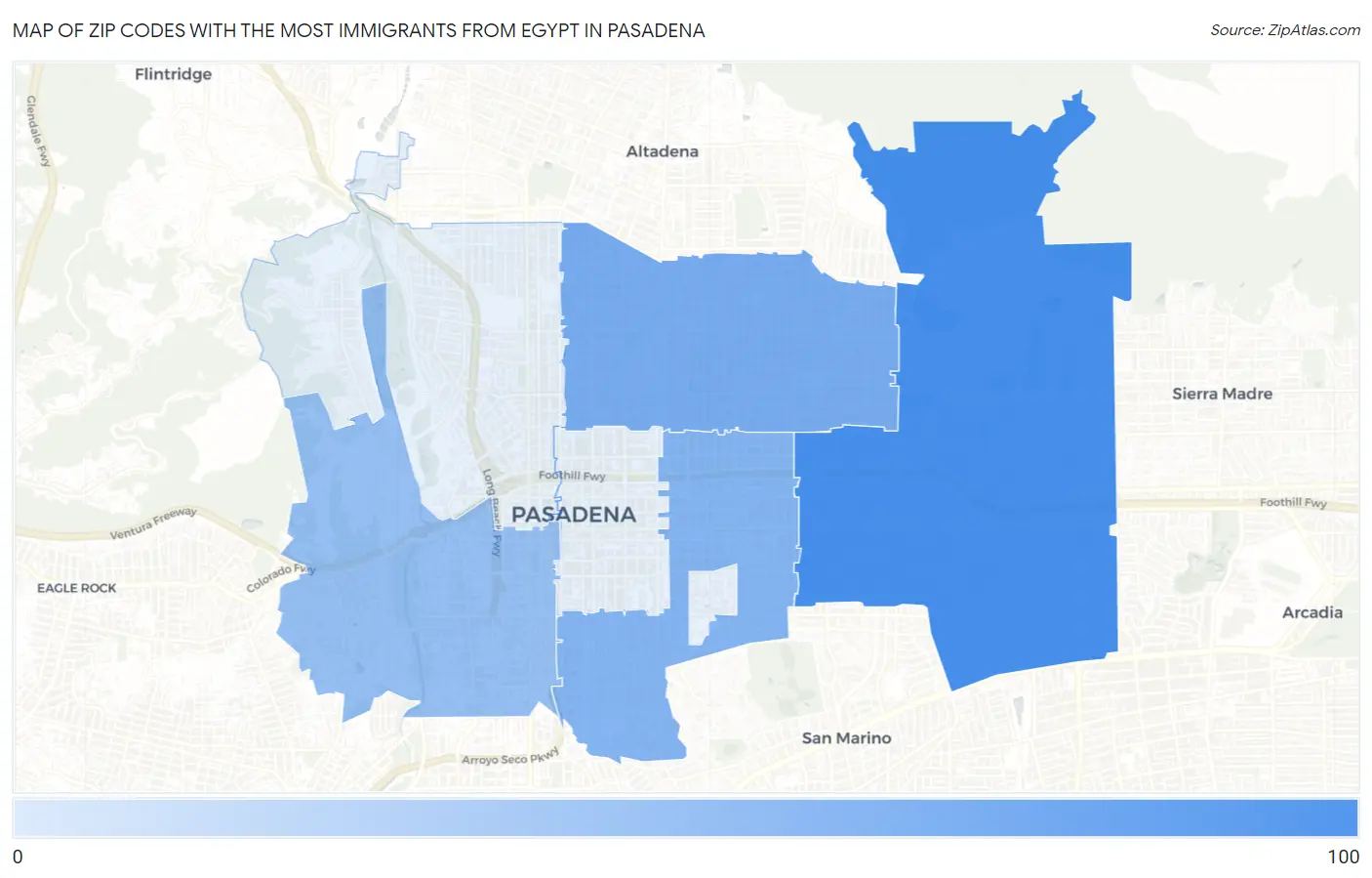 Zip Codes with the Most Immigrants from Egypt in Pasadena Map