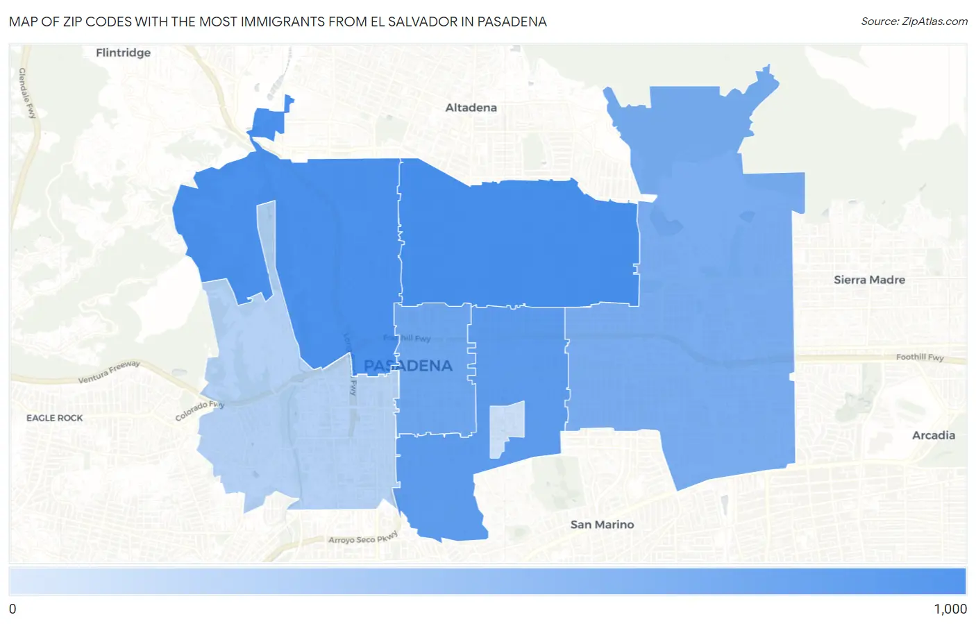 Zip Codes with the Most Immigrants from El Salvador in Pasadena Map