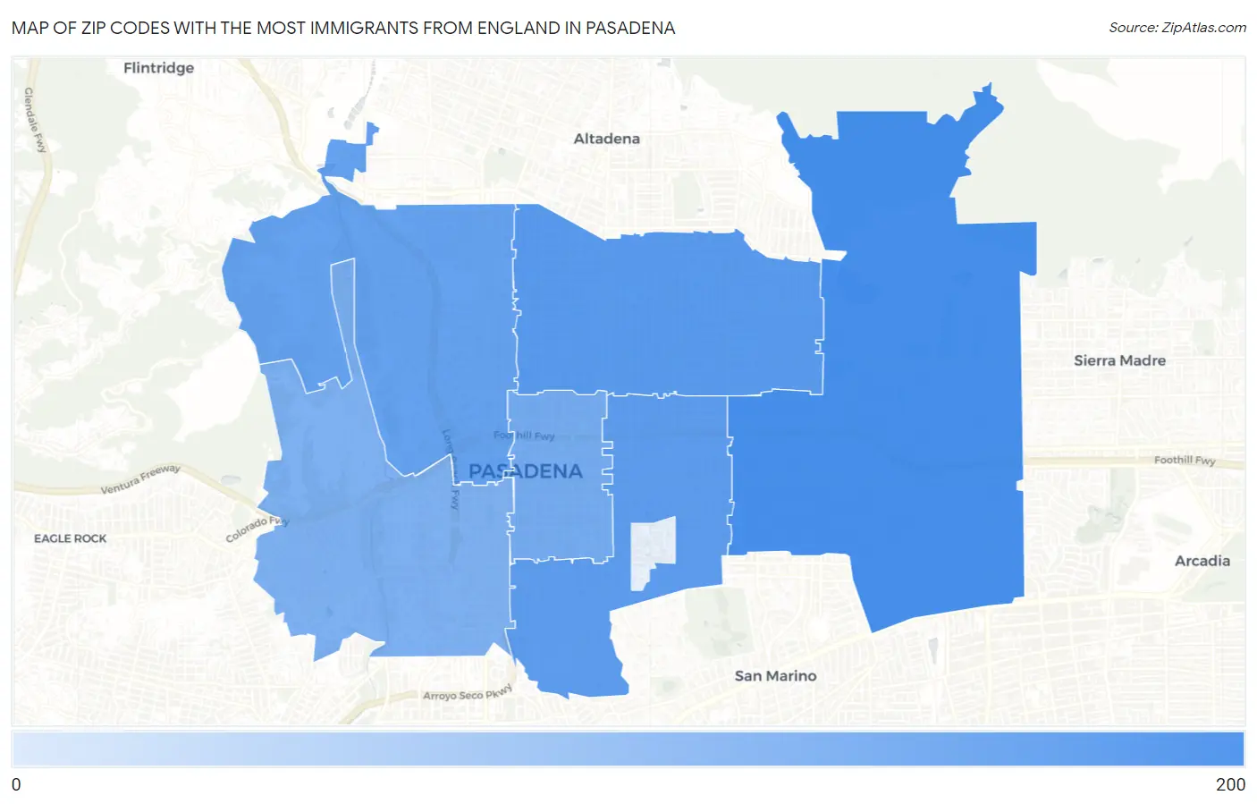 Zip Codes with the Most Immigrants from England in Pasadena Map