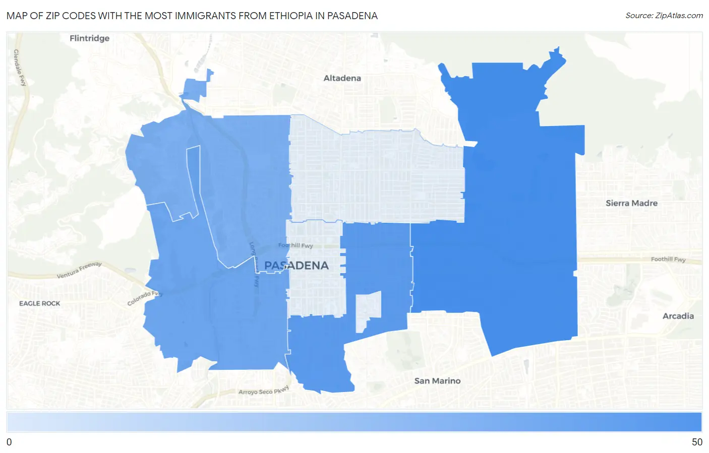 Zip Codes with the Most Immigrants from Ethiopia in Pasadena Map