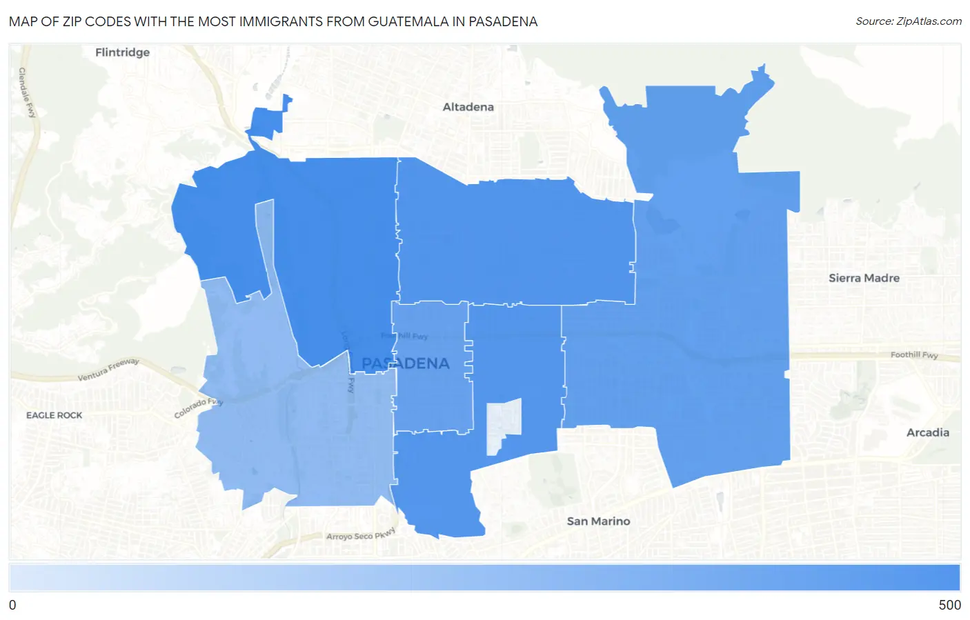 Zip Codes with the Most Immigrants from Guatemala in Pasadena Map