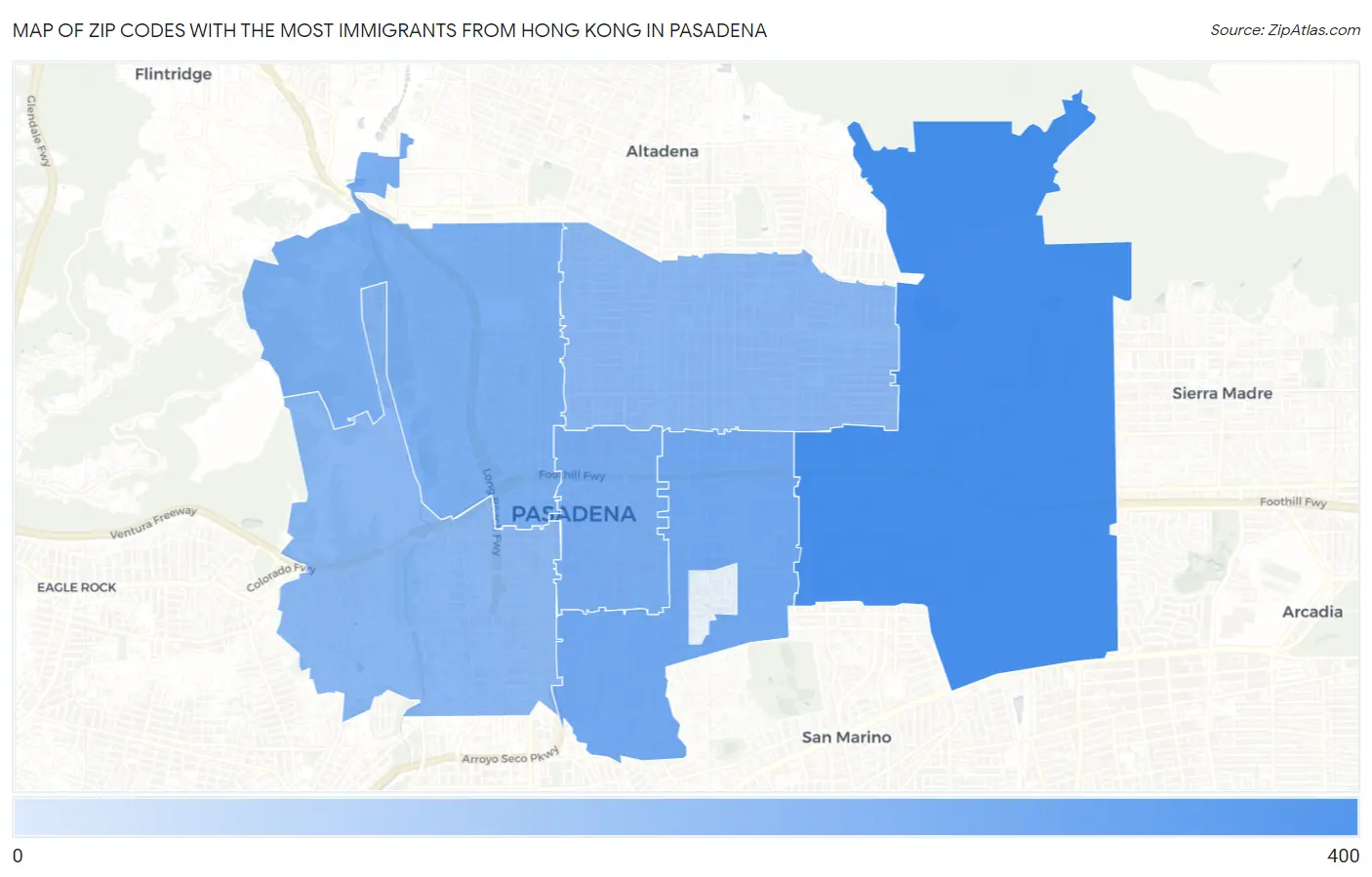 Zip Codes with the Most Immigrants from Hong Kong in Pasadena Map